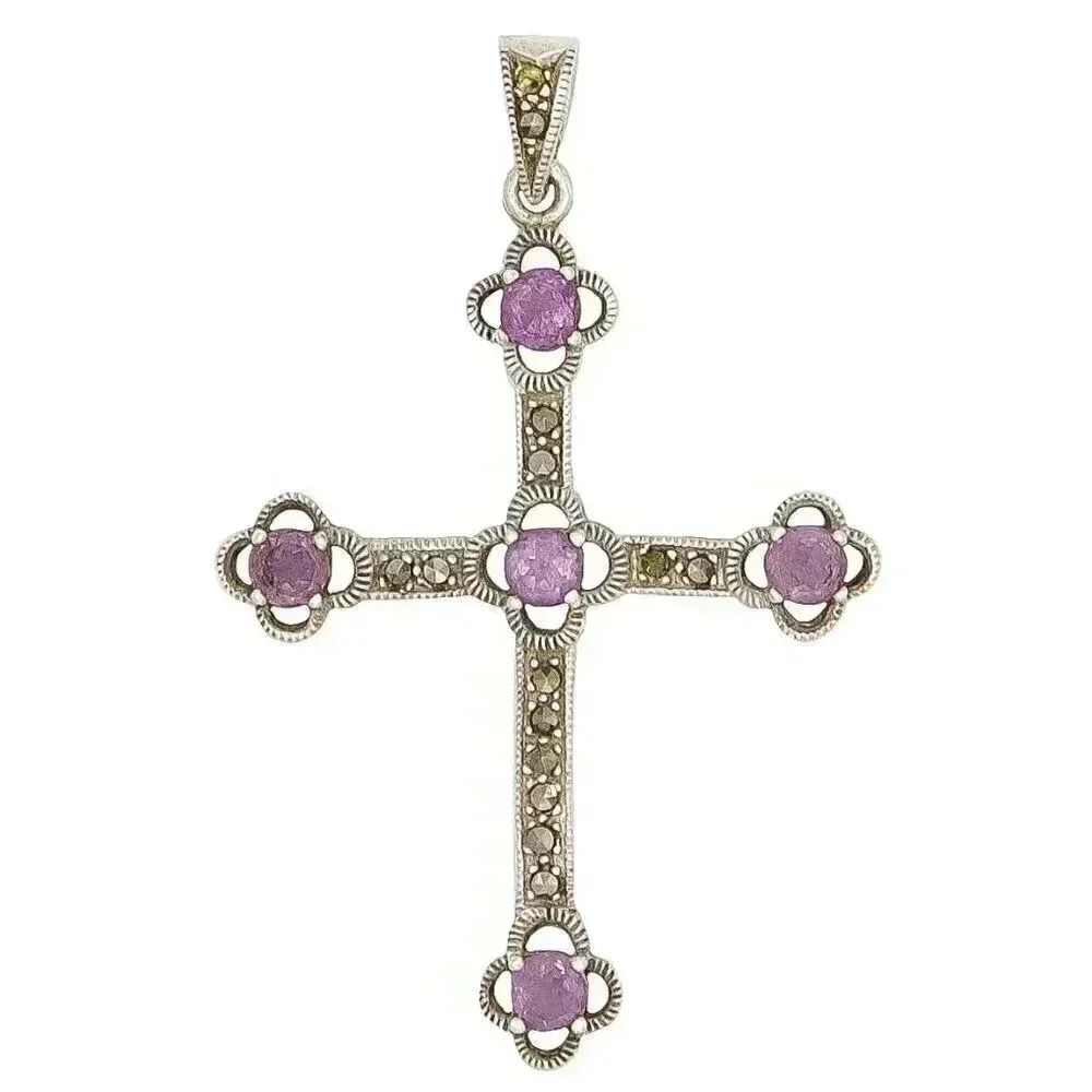 Purple Zirconia Cross Sterling Silver Pendant 925 Fleur‎ De Lis Cross Jewelry